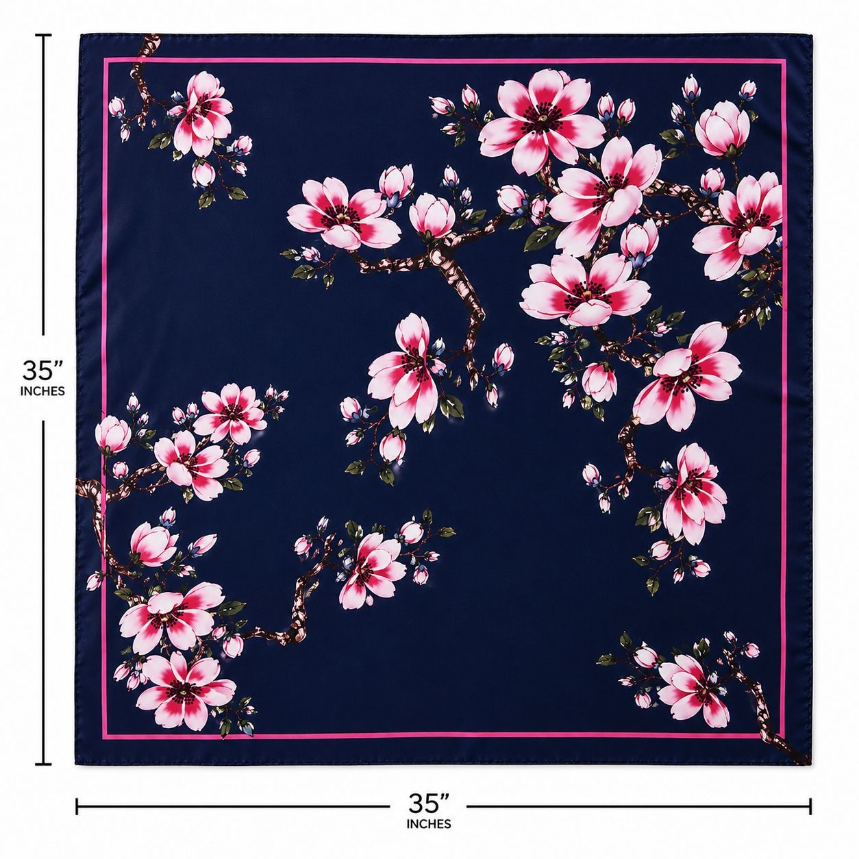 Navy Magnolia Satin Scarf 35x35 Floral Square Hair Head Neck Scarf for Women