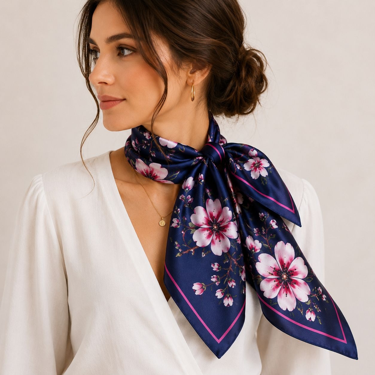 Navy Magnolia Satin Scarf 35x35 Floral Square Hair Head Neck Scarf for Women