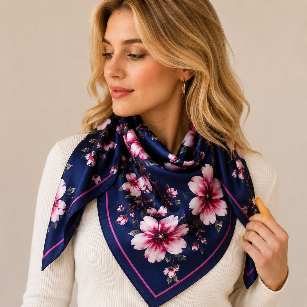 Navy Magnolia Satin Scarf 35x35 Floral Square Hair Head Neck Scarf for Women
