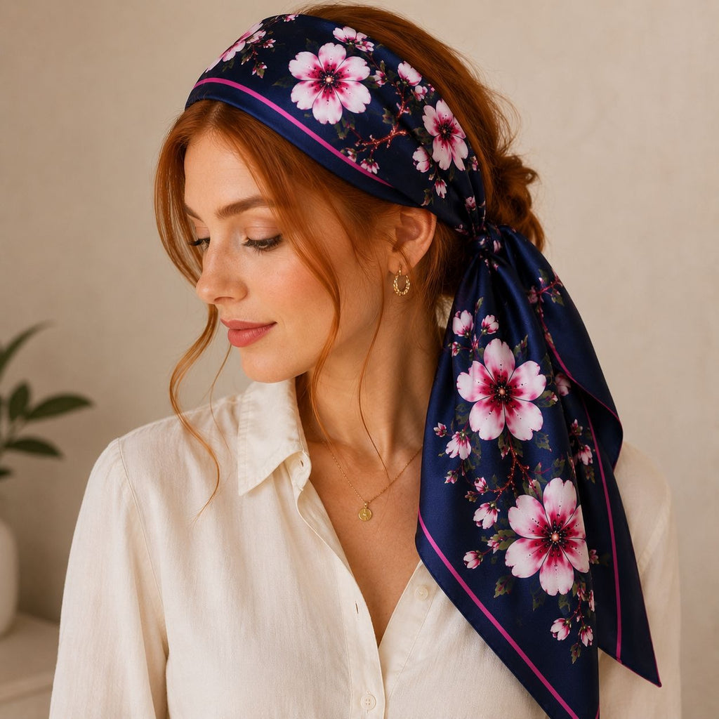 Navy Magnolia Satin Scarf 35x35 Floral Square Hair Head Neck Scarf for Women
