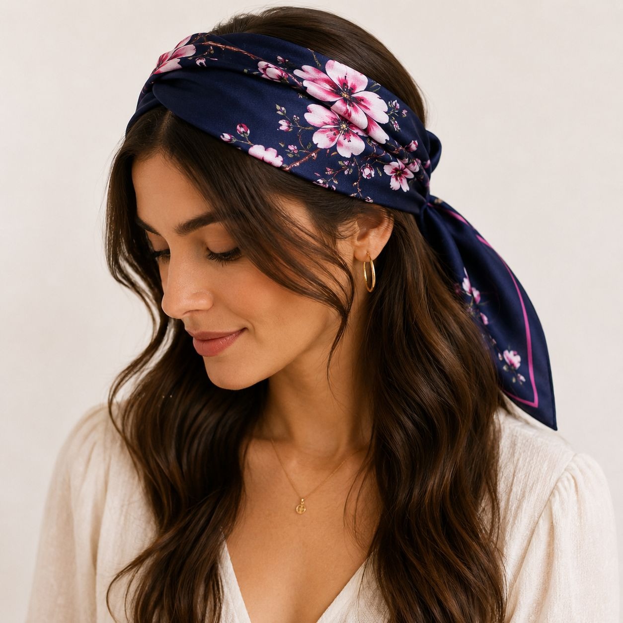 Navy Magnolia Satin Scarf 35x35 Floral Square Hair Head Neck Scarf for Women