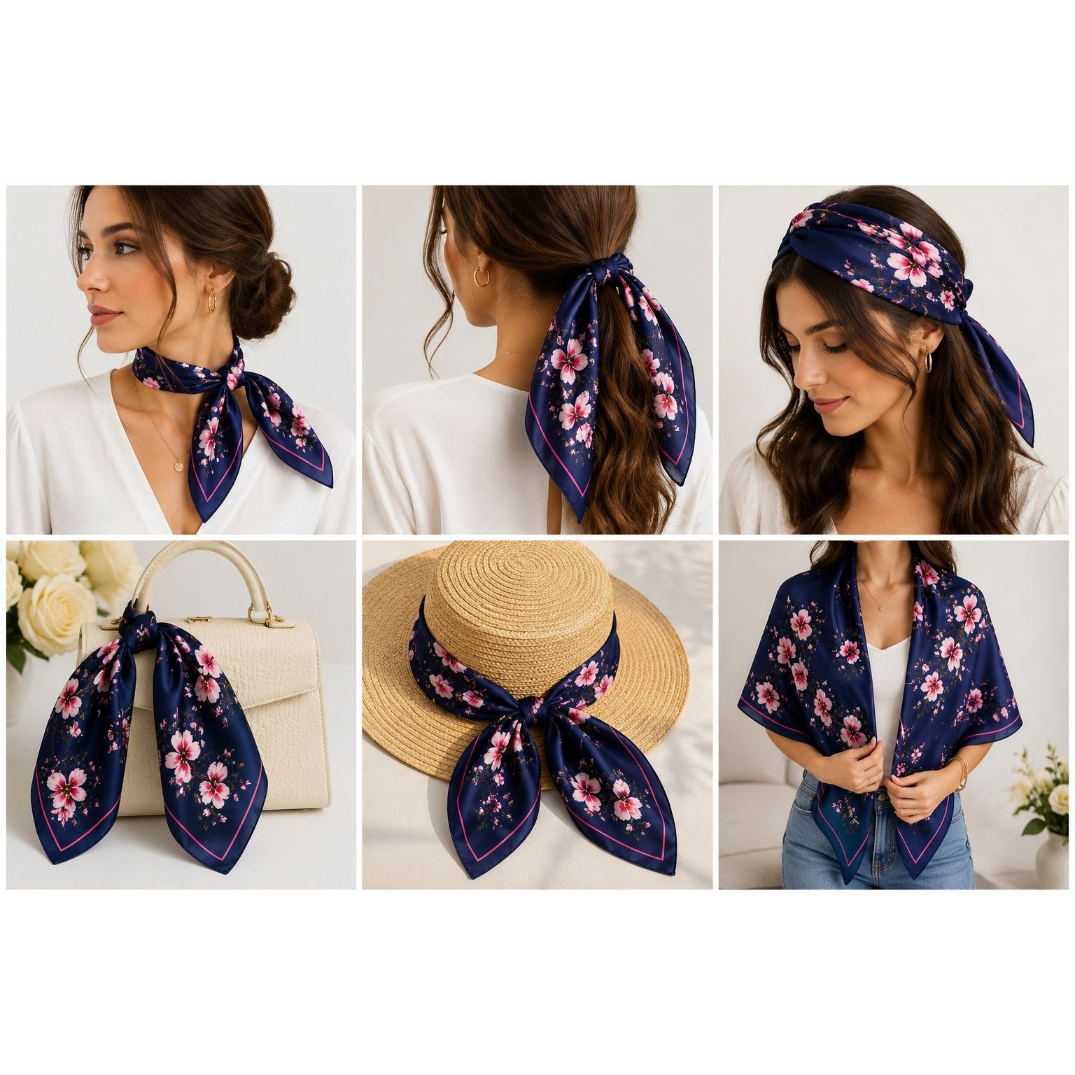 Navy Magnolia Satin Scarf 35x35 Floral Square Hair Head Neck Scarf for Women