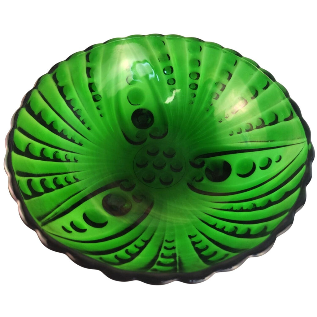 Vintage Anchor Hocking Green Footed Bowl Burple Pattern Dessert Serving Dish 1950s