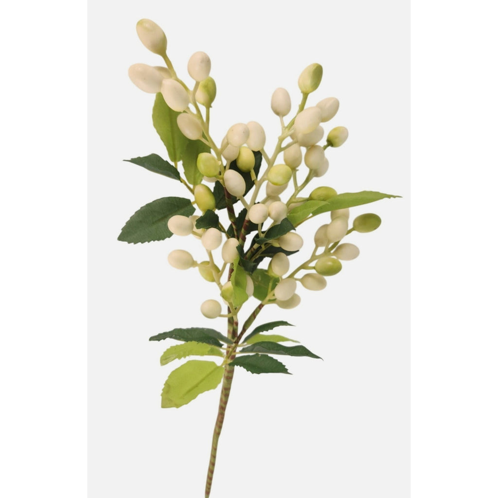 Artificial Berry Stem 15 Inch Faux White Berries Green Leaves Farmhouse Floral Decor Vase Filler