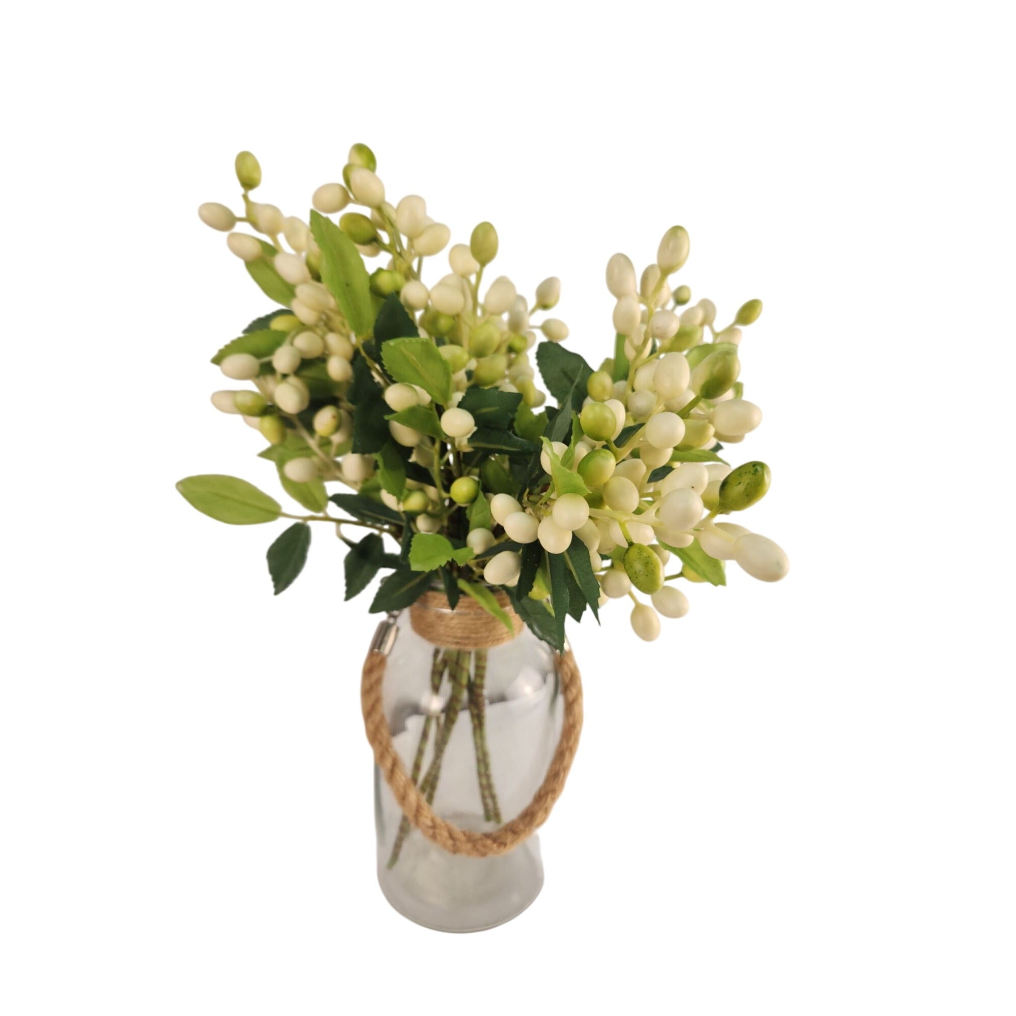 Artificial Berry Stem 15 Inch Faux White Berries Green Leaves Farmhouse Floral Decor Vase Filler