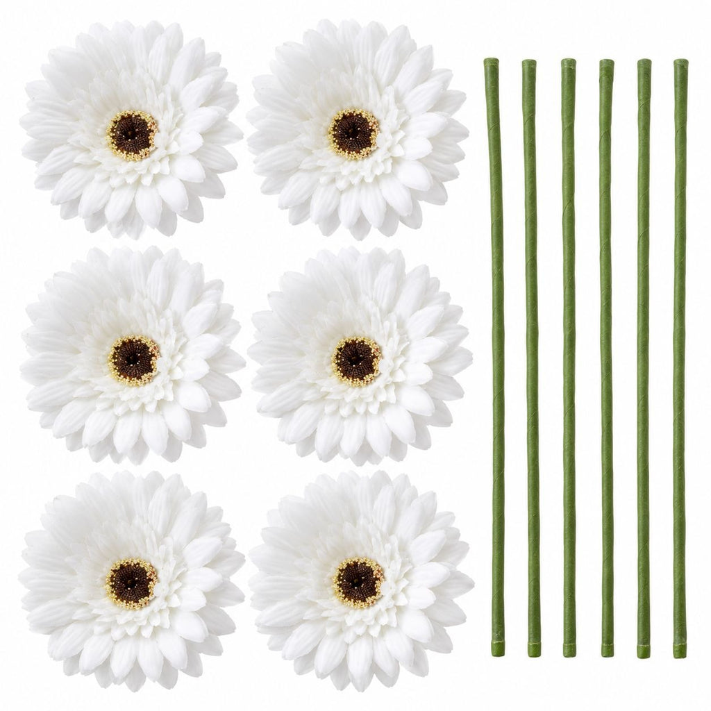 6 White Artificial Gerbera Daisy Heads, 3.5 Inch, with Separate Wired Stems
