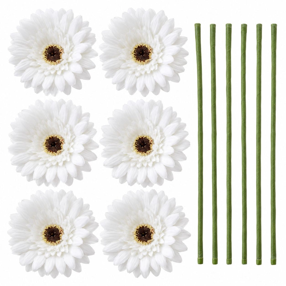 6 White Artificial Gerbera Daisy Heads, 3.5 Inch, with Separate Wired Stems