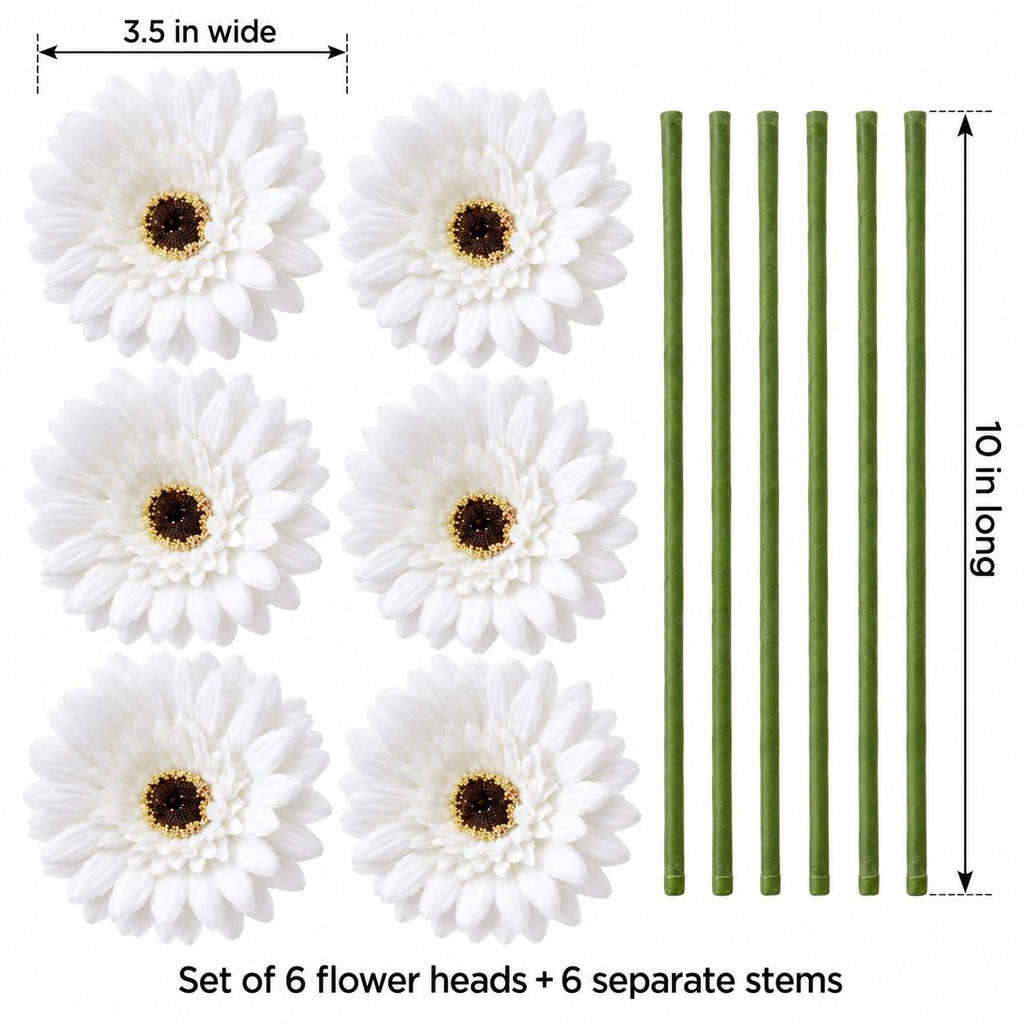 6 White Artificial Gerbera Daisy Heads, 3.5 Inch, with Separate Wired Stems