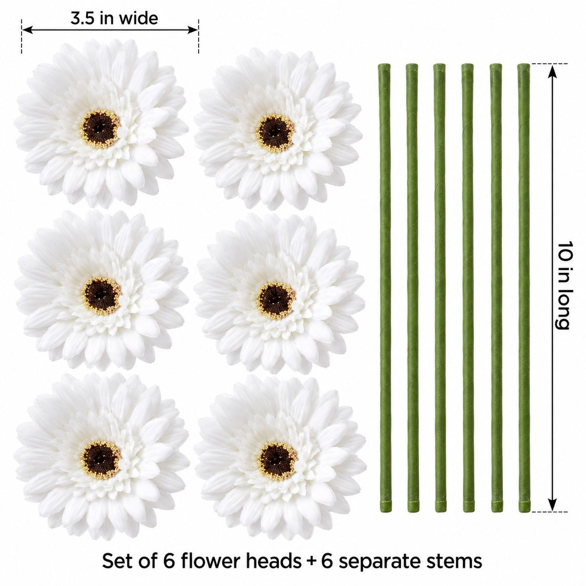 6 White Artificial Gerbera Daisy Heads, 3.5 Inch, with Separate Wired Stems