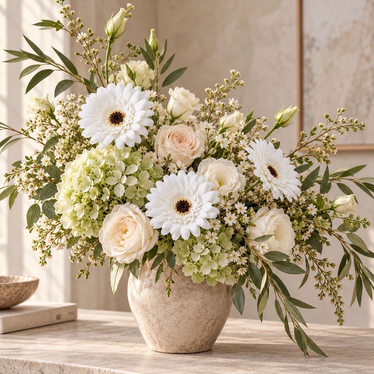 6 White Artificial Gerbera Daisy Heads, 3.5 Inch, with Separate Wired Stems