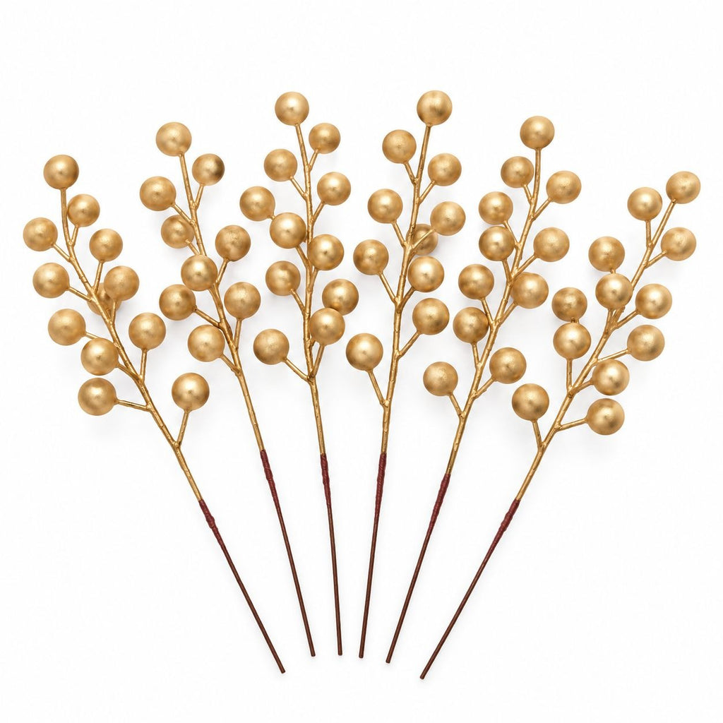 6 Matte Gold Artificial Berry Stems, 8-Inch Faux Christmas Wreath Picks