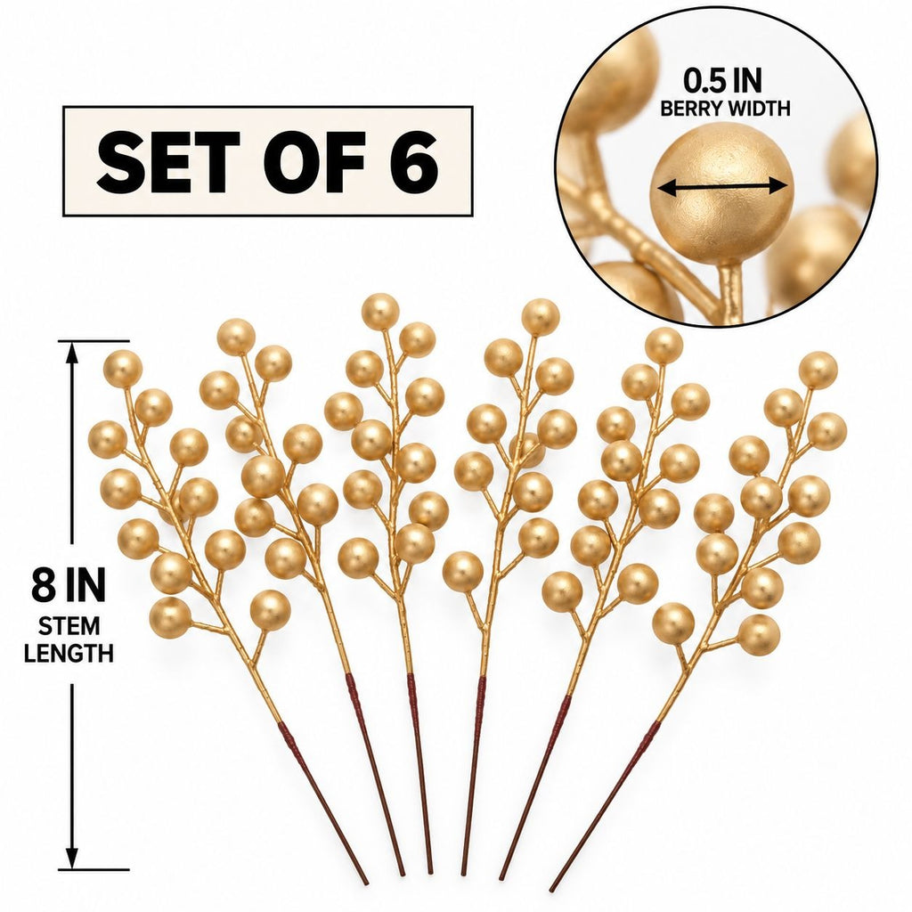 6 Matte Gold Artificial Berry Stems, 8-Inch Faux Christmas Wreath Picks
