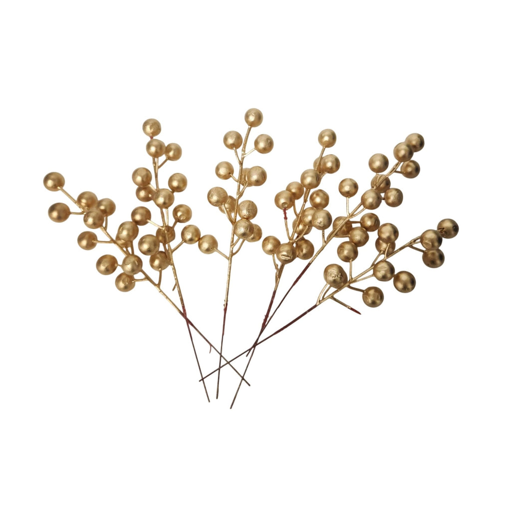 6 Matte Gold Artificial Berry Stems, 8-Inch Faux Christmas Wreath Picks