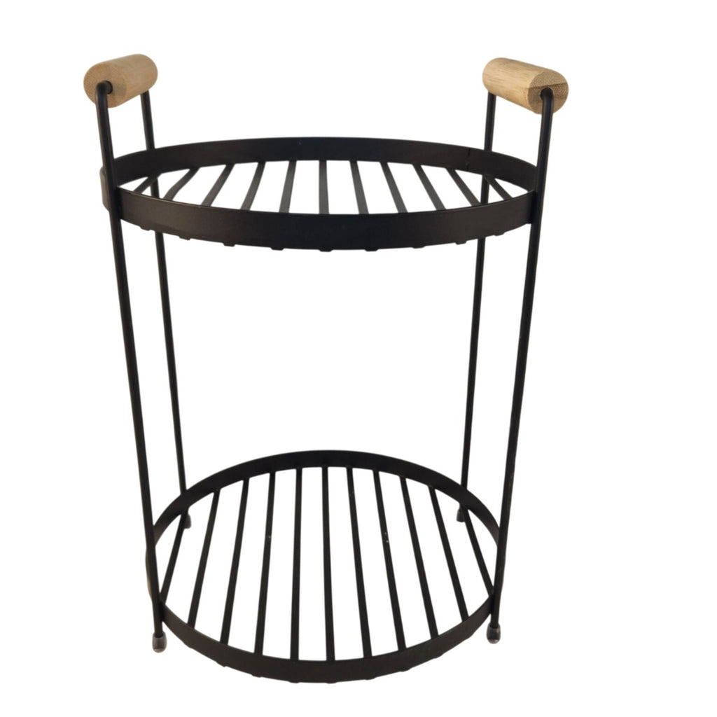 A two-tier black metal wire shelving stand with light natural wood handles on the side, shown against a plain white background.