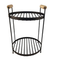 A two-tier black metal wire shelving stand with light natural wood handles on the side, shown against a plain white background.