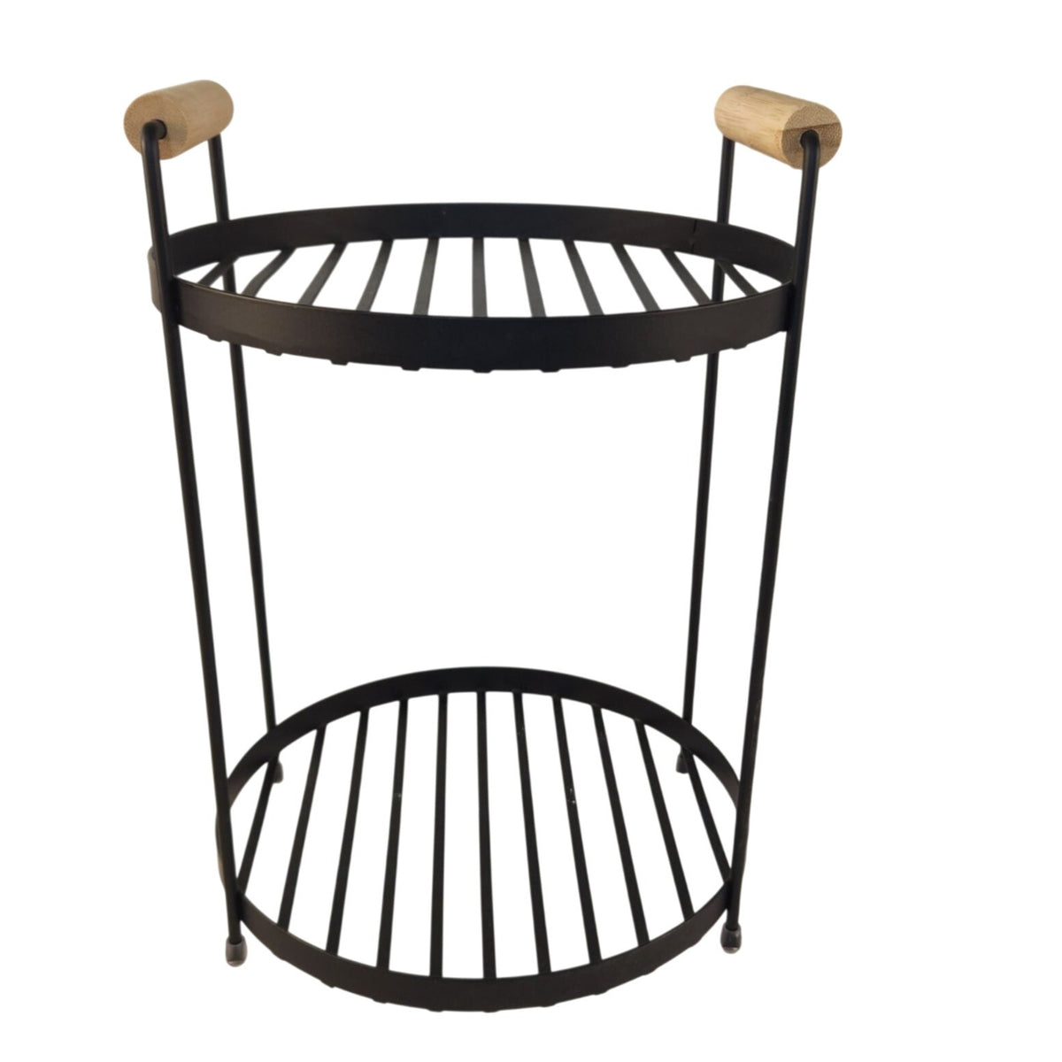 A two-tier black metal wire shelving stand with light natural wood handles on the side, shown against a plain white background.