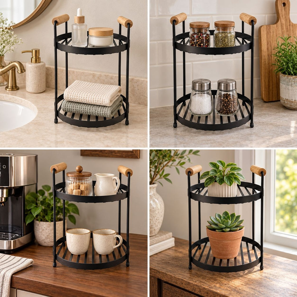 A 2-tier black metal shelf with light wood handles is shown in four lifestyle settings: a bathroom counter, a kitchen counter with jars, a kitchen counter with mugs, and a wooden table with potted plants.