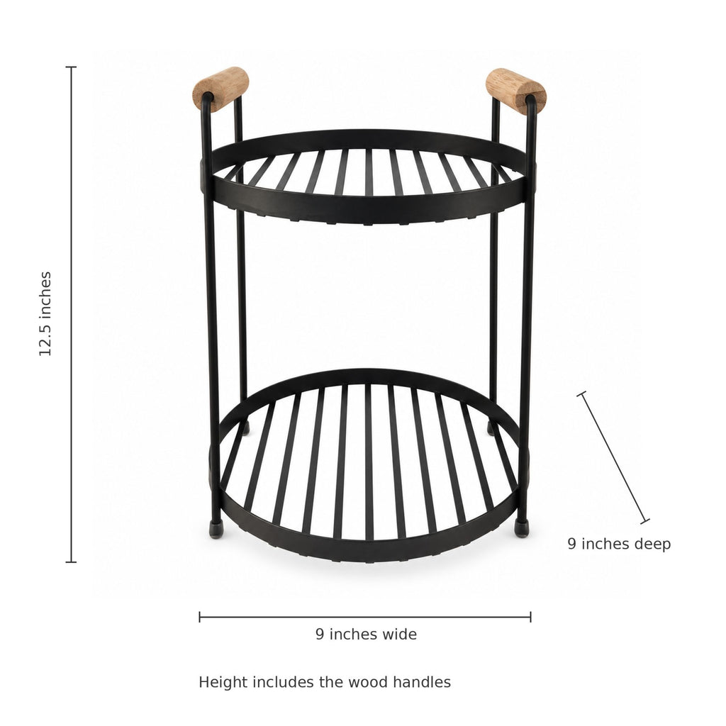 Black metal two-tier shelf with light wood handles, shown with dimension lines and text indicating 12.5 inches height, 9 inches depth, and 9 inches width.