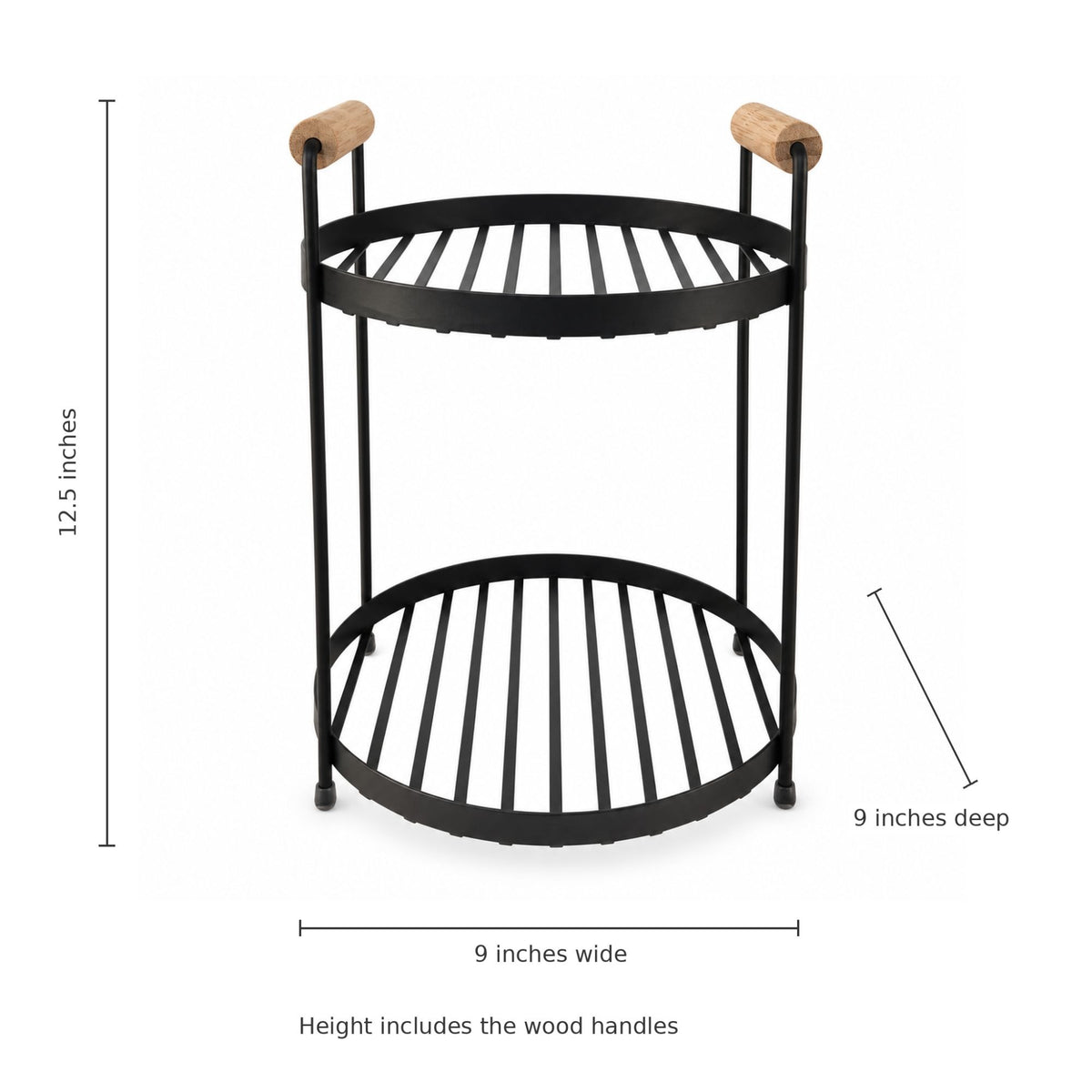 Black metal two-tier shelf with light wood handles, shown with dimension lines and text indicating 12.5 inches height, 9 inches depth, and 9 inches width.