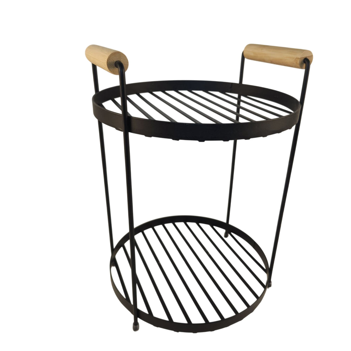 A two-tier black metal wire rack shelf with light natural wood handles on a plain white background.
