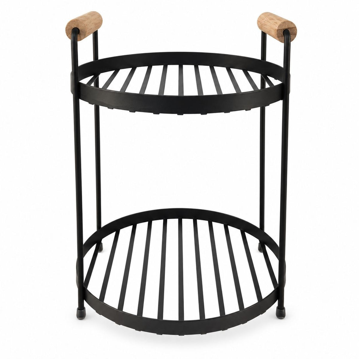 A two-tier round corner shelf with a black metal frame and light natural wood handles on the side supports, shown against a plain white background.