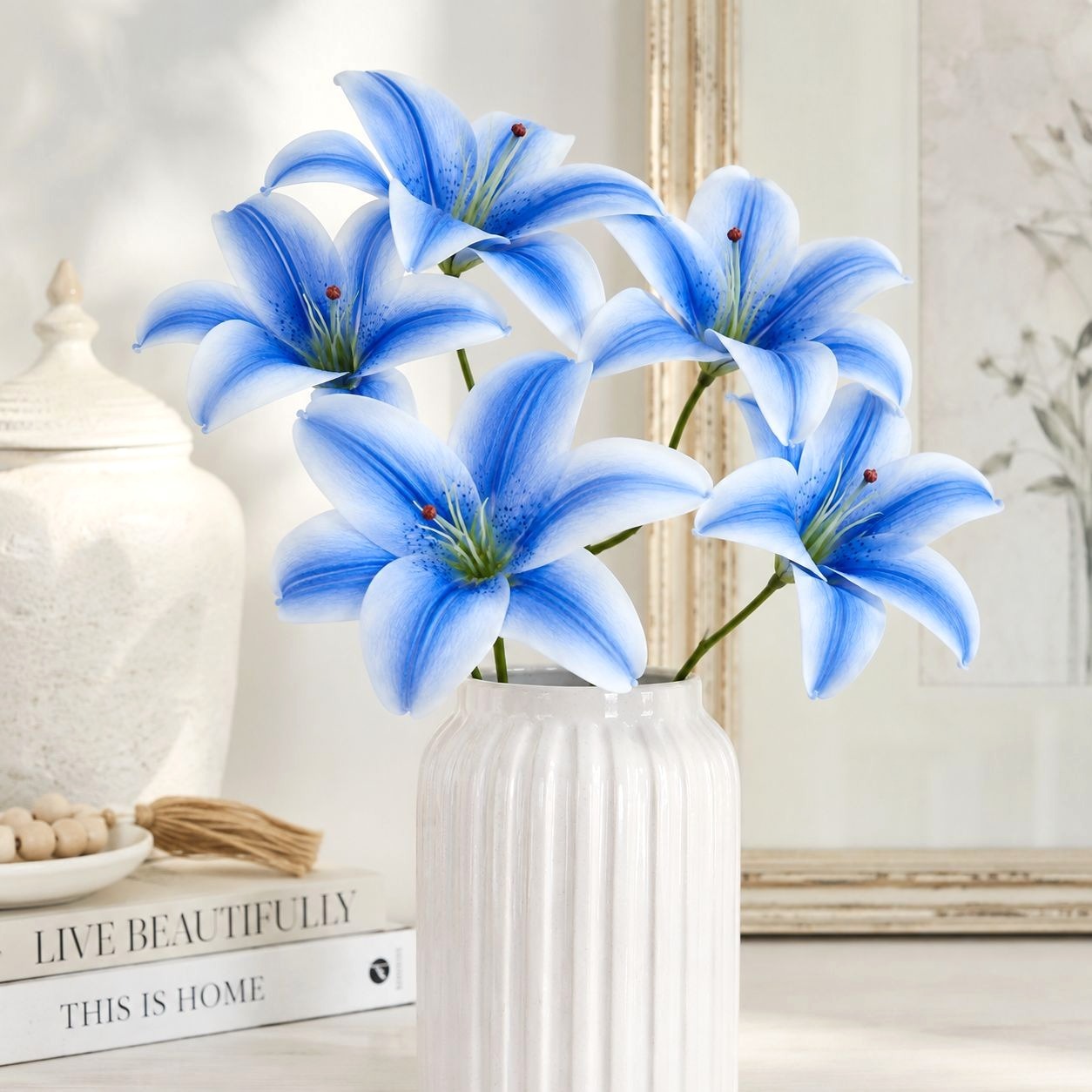 Artificial Blue Lily Stems Set of 2, Real Touch Lily Spray, Blue Wedding Flowers, Faux Lily Bouquet, Floral Arrangement, Wreath Making Sup.