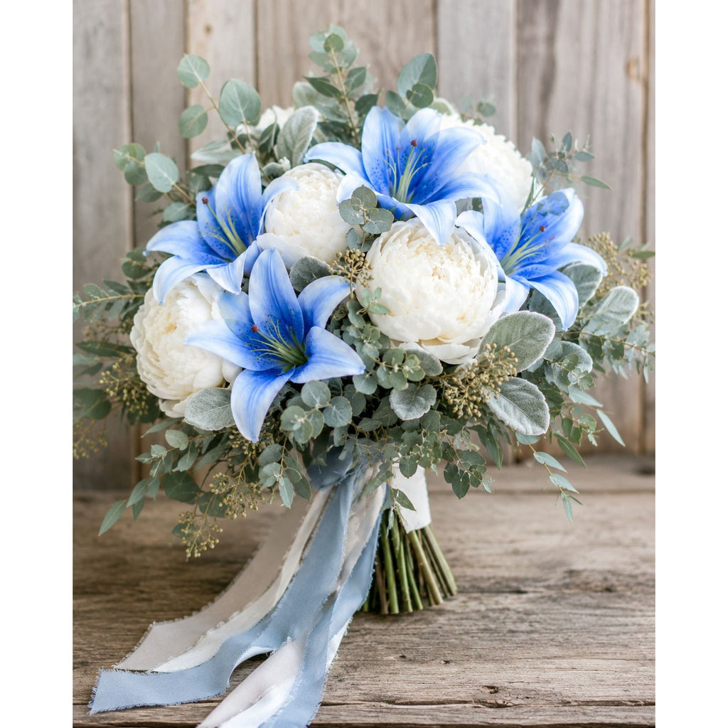 Artificial Blue Lily Stems Set of 2, Real Touch Lily Spray, Blue Wedding Flowers, Faux Lily Bouquet, Floral Arrangement, Wreath Making Sup.