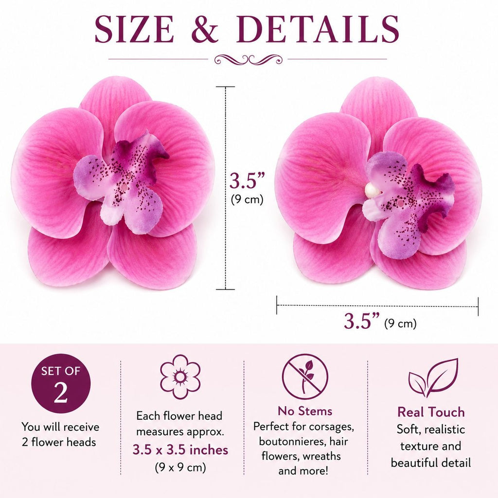 Pink Real Touch Orchid Flower Heads Set of 2 | 3.5 Inch Faux No Stem Orchids for Corsages Hair Clips Wreaths