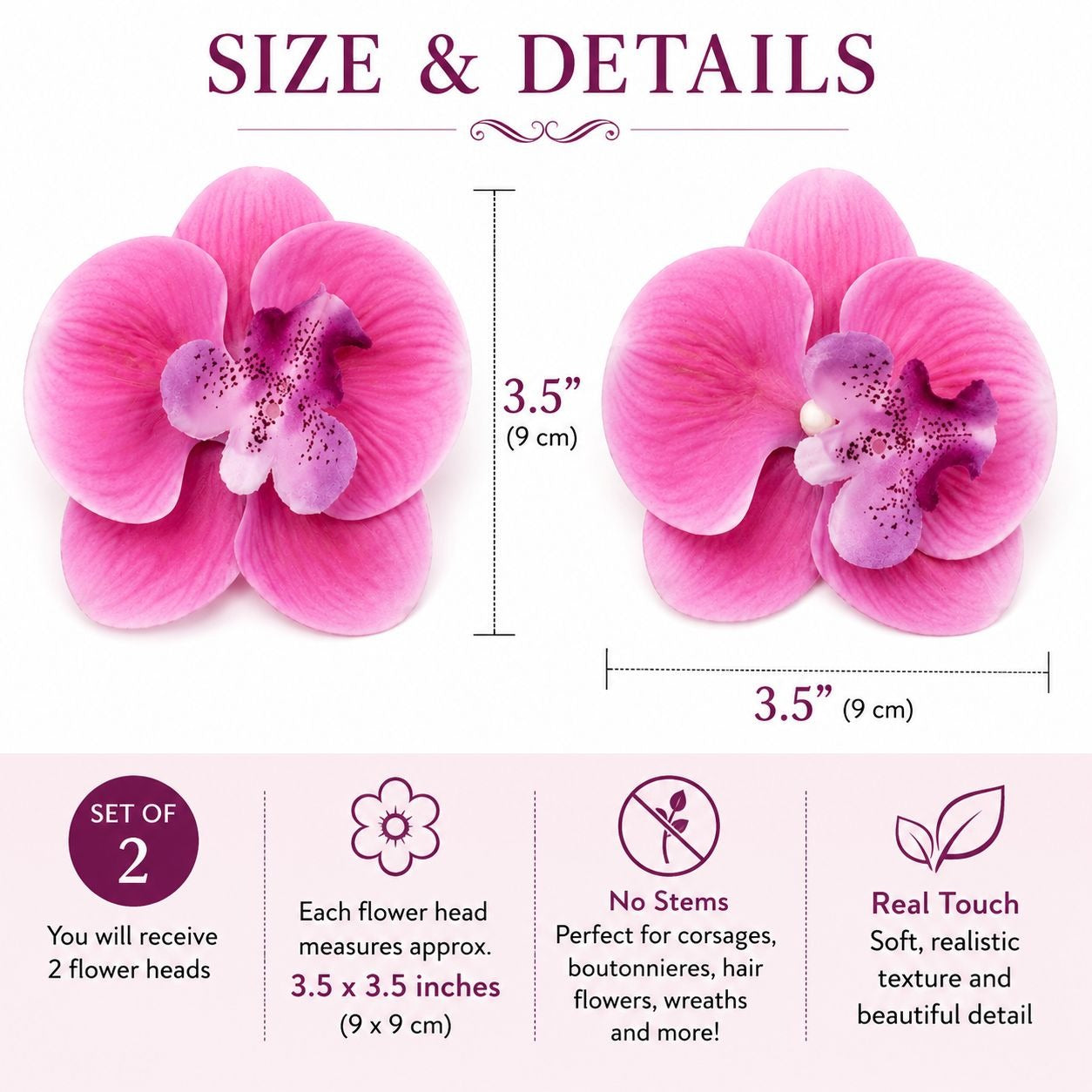 Pink Real Touch Orchid Flower Heads Set of 2 | 3.5 Inch Faux No Stem Orchids for Corsages Hair Clips Wreaths