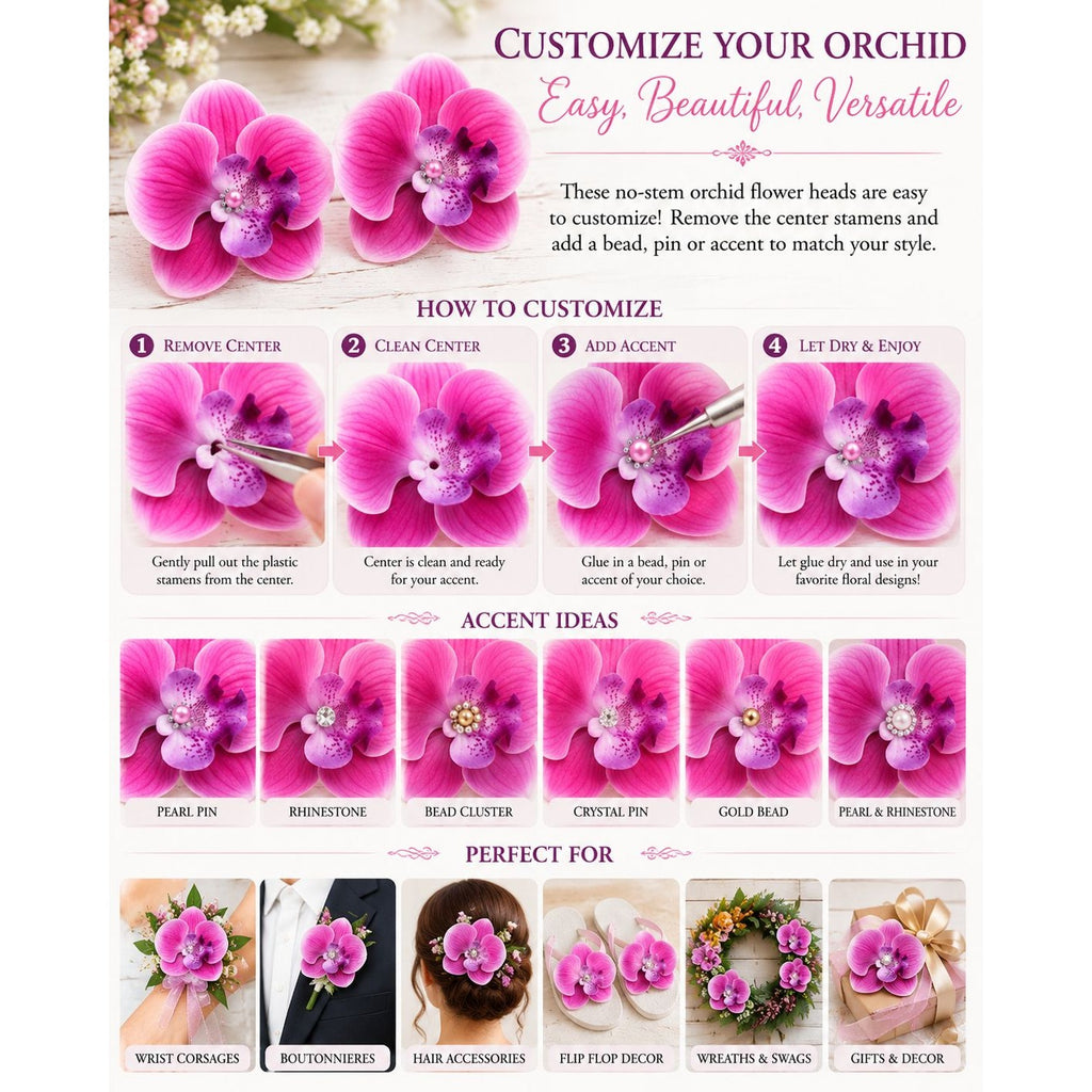 Pink Real Touch Orchid Flower Heads Set of 2 | 3.5 Inch Faux No Stem Orchids for Corsages Hair Clips Wreaths
