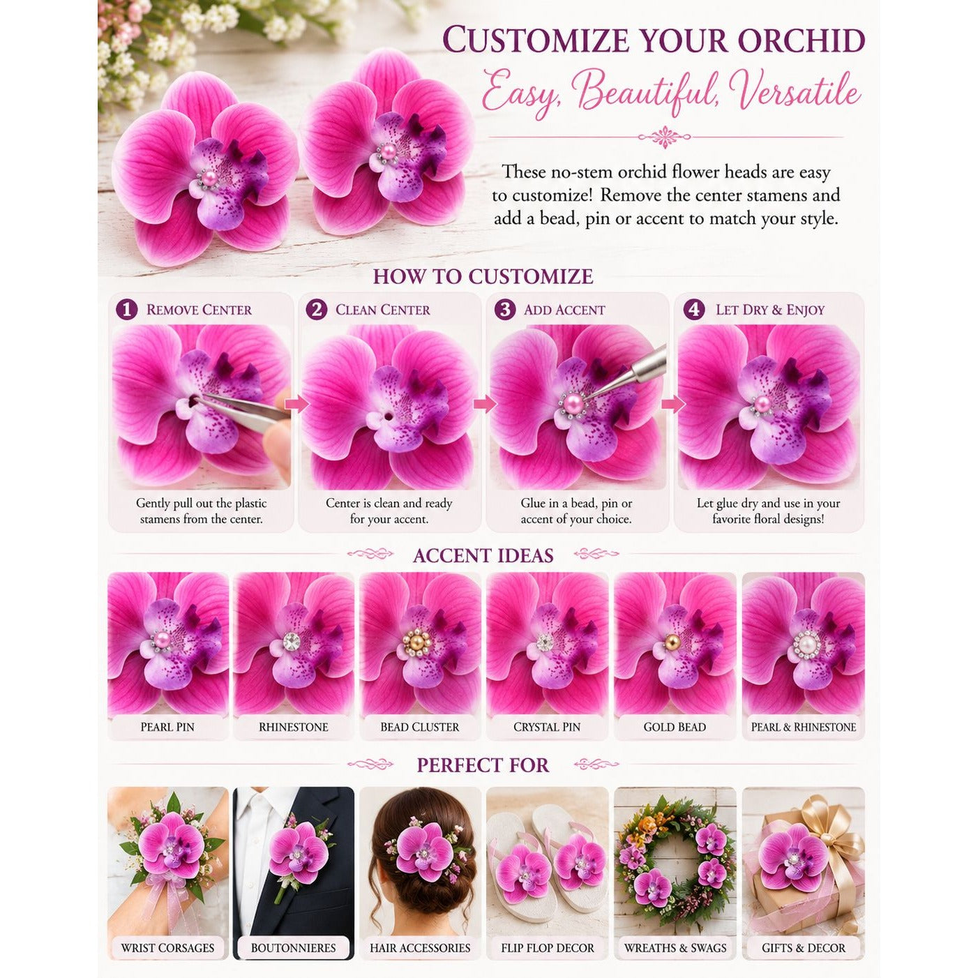 Pink Real Touch Orchid Flower Heads Set of 2 | 3.5 Inch Faux No Stem Orchids for Corsages Hair Clips Wreaths