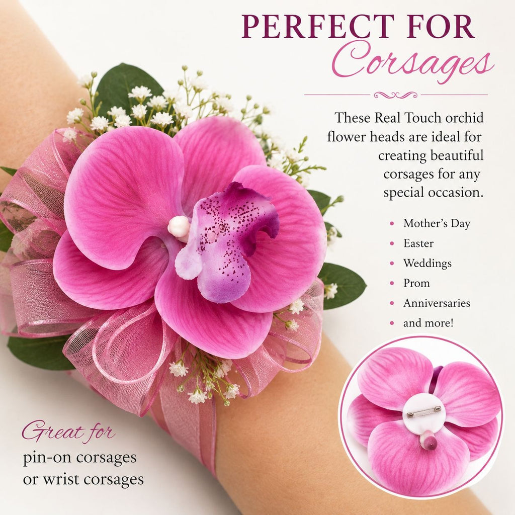 Pink Real Touch Orchid Flower Heads Set of 2 | 3.5 Inch Faux No Stem Orchids for Corsages Hair Clips Wreaths