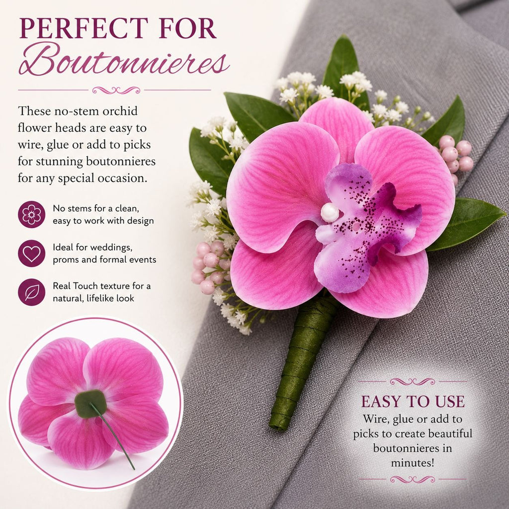 Pink Real Touch Orchid Flower Heads Set of 2 | 3.5 Inch Faux No Stem Orchids for Corsages Hair Clips Wreaths