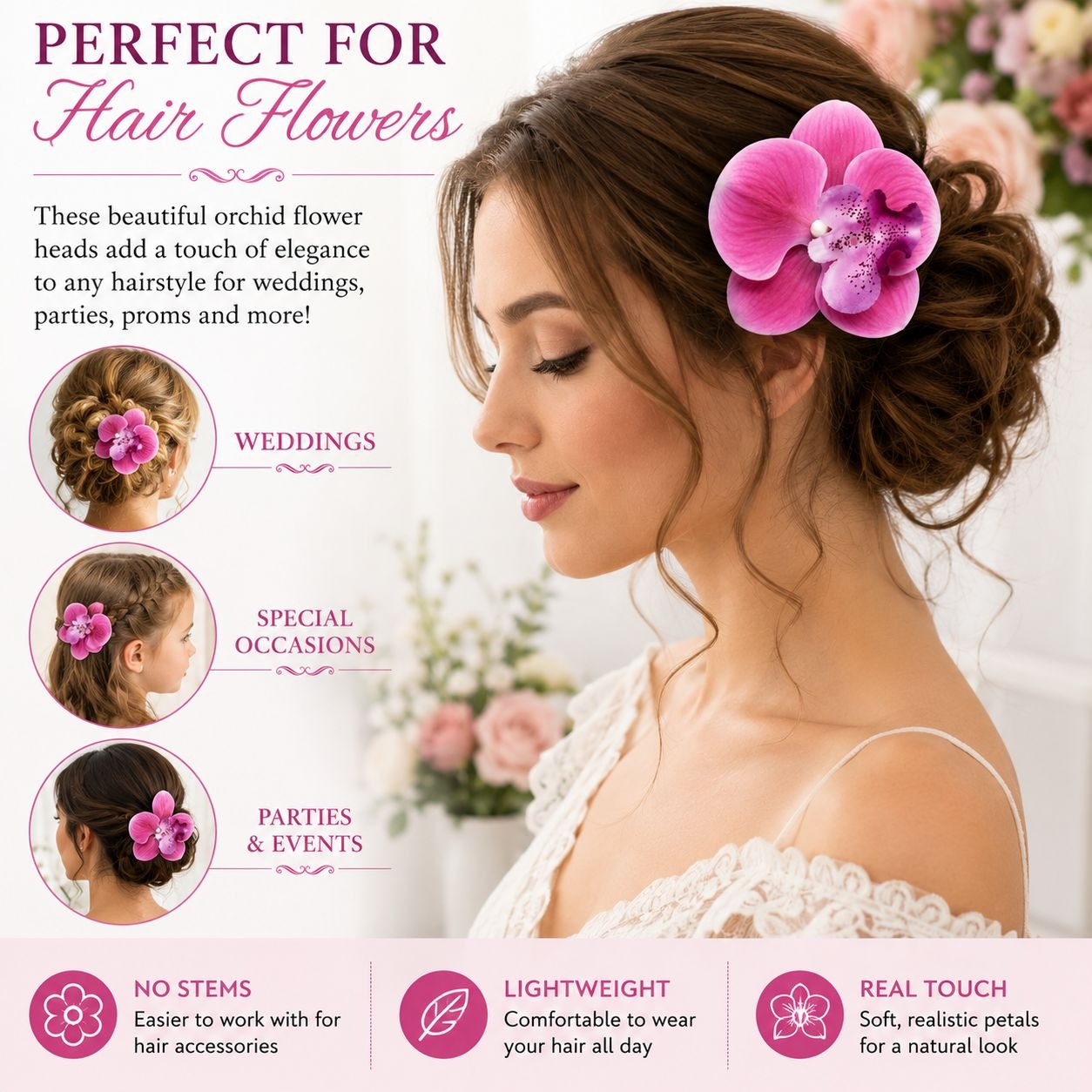 Pink Real Touch Orchid Flower Heads Set of 2 | 3.5 Inch Faux No Stem Orchids for Corsages Hair Clips Wreaths