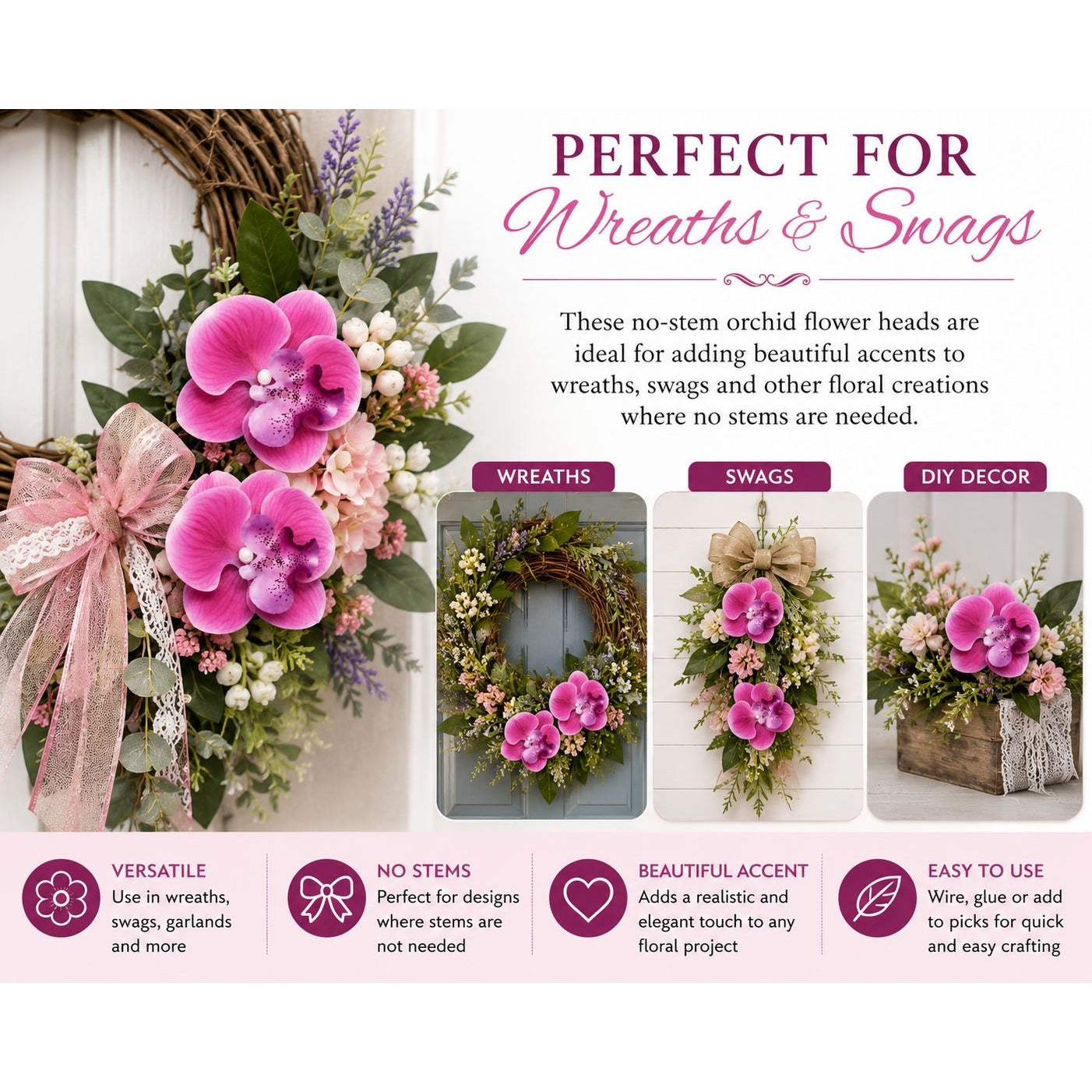 Pink Real Touch Orchid Flower Heads Set of 2 | 3.5 Inch Faux No Stem Orchids for Corsages Hair Clips Wreaths