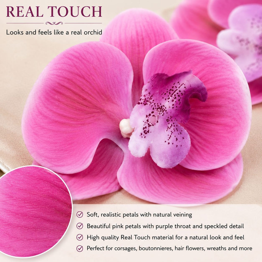 Pink Real Touch Orchid Flower Heads Set of 2 | 3.5 Inch Faux No Stem Orchids for Corsages Hair Clips Wreaths