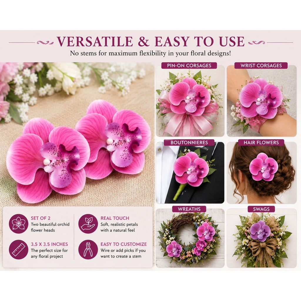 Pink Real Touch Orchid Flower Heads Set of 2 | 3.5 Inch Faux No Stem Orchids for Corsages Hair Clips Wreaths