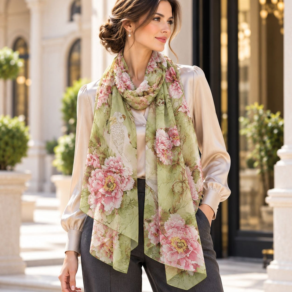 A woman models a light green silk scarf with a large pink and white floral print, styled over a cream satin blouse and dark gray trousers in an elegant outdoor setting.