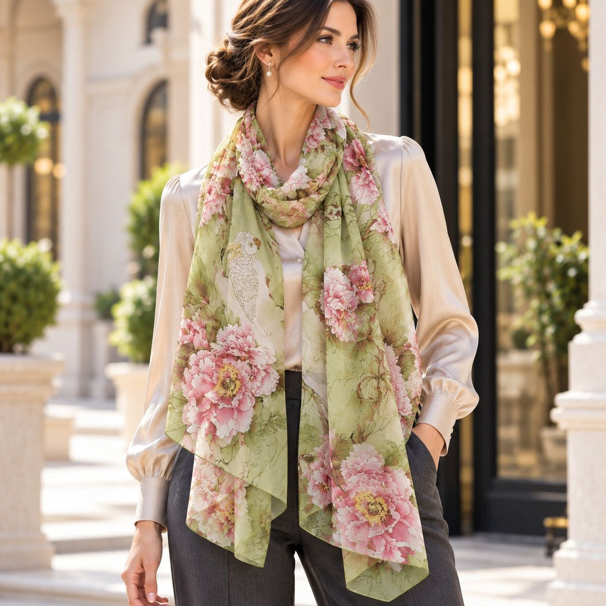 A woman models a light green silk scarf with a large pink and white floral print, styled over a cream satin blouse and dark gray trousers in an elegant outdoor setting.