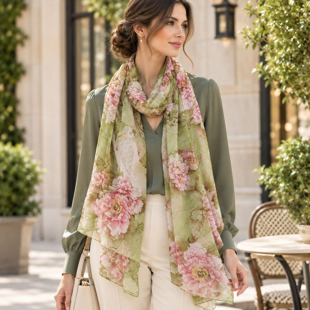 A woman wearing a sage green blouse and cream trousers models a lightweight square scarf with a large pink and white floral print on a light green background, set against an outdoor patio backdrop.