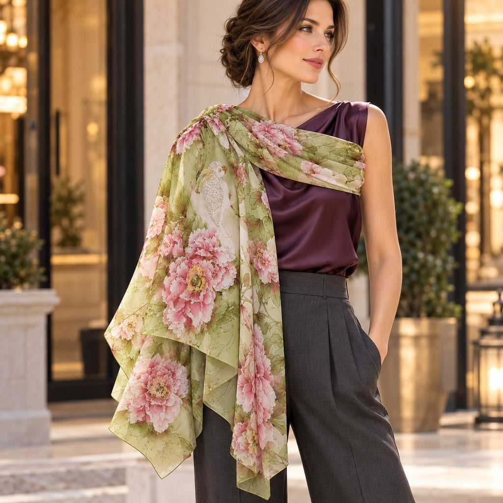 Sage Green Floral Chiffon Scarf, 64 x 32 Inch Bird Print Long Wrap Shawl