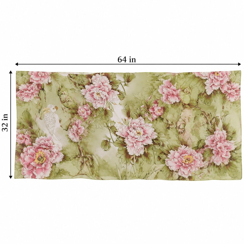 Sage Green Floral Chiffon Scarf, 64 x 32 Inch Bird Print Long Wrap Shawl