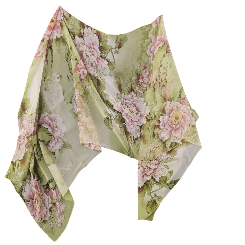 Sage Green Floral Chiffon Scarf, 64 x 32 Inch Bird Print Long Wrap Shawl