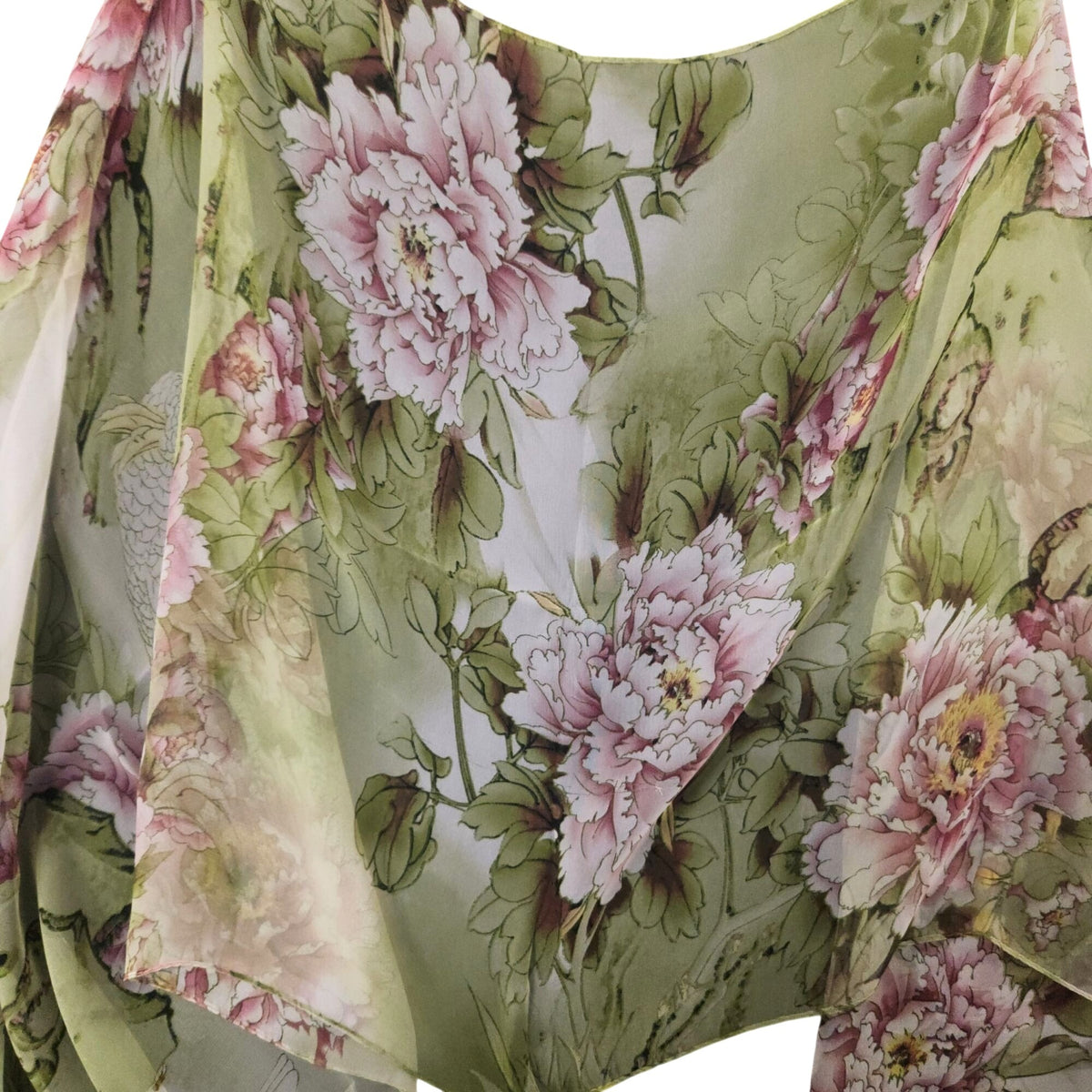 Sage Green Floral Chiffon Scarf, 64 x 32 Inch Bird Print Long Wrap Shawl