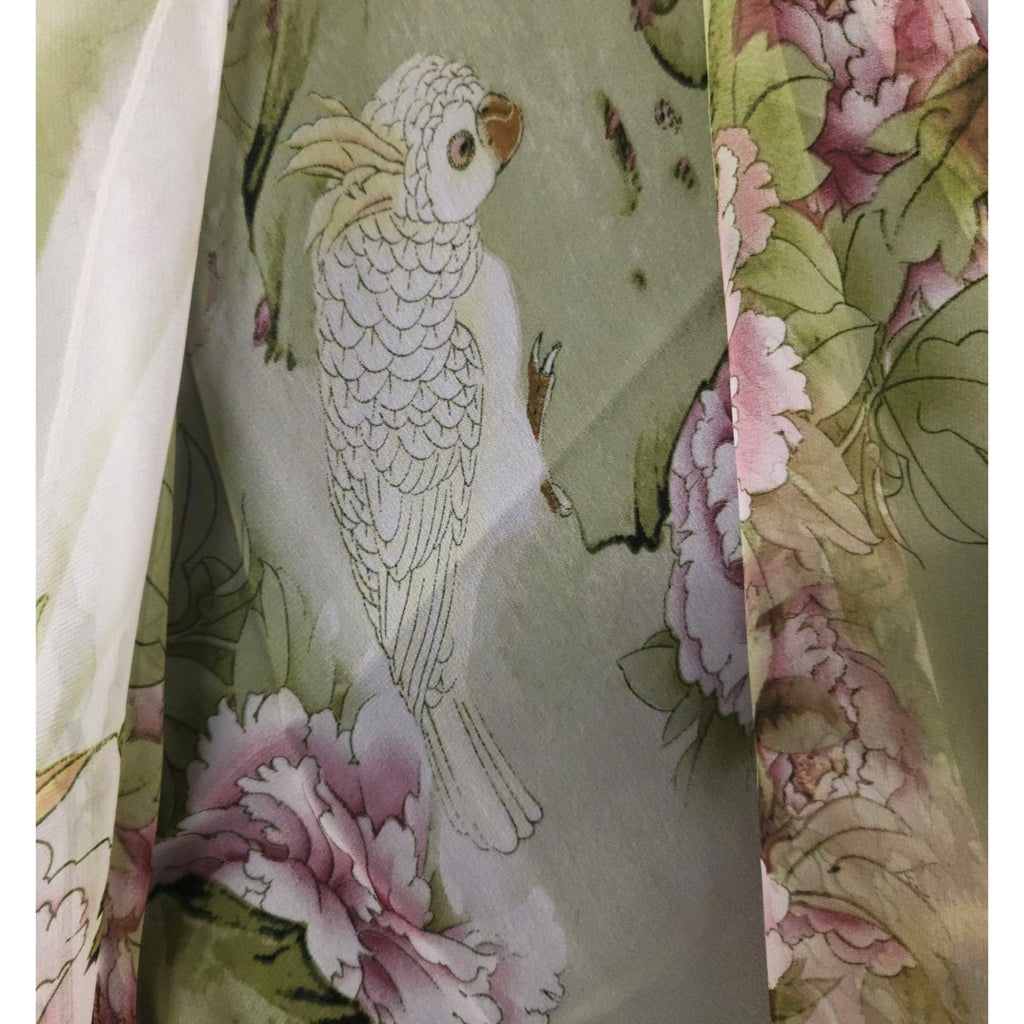 Sage Green Floral Chiffon Scarf, 64 x 32 Inch Bird Print Long Wrap Shawl