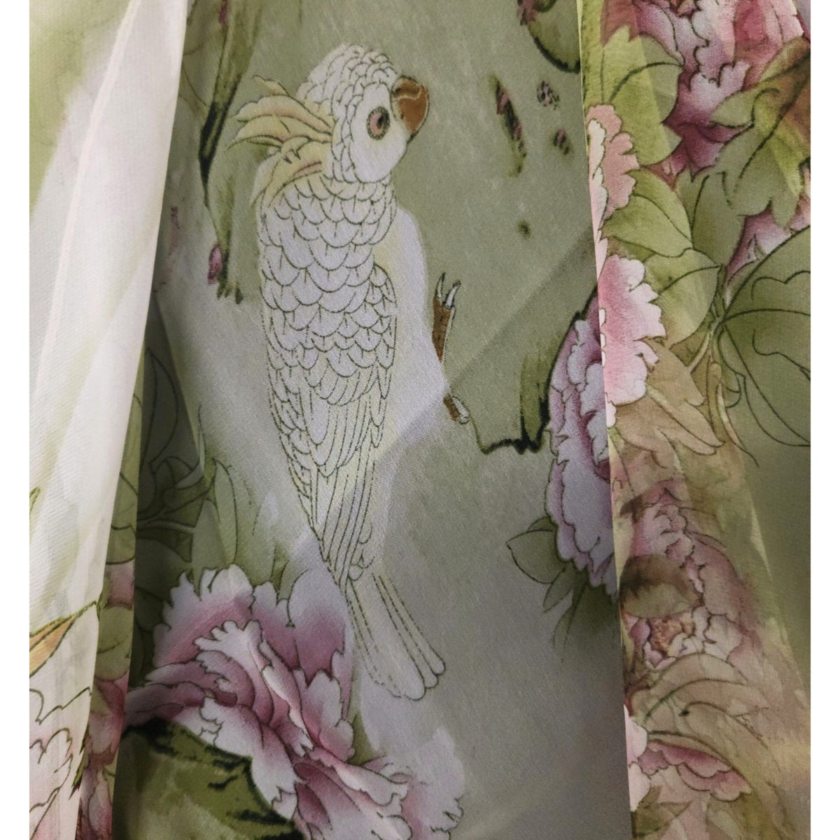 Sage Green Floral Chiffon Scarf, 64 x 32 Inch Bird Print Long Wrap Shawl