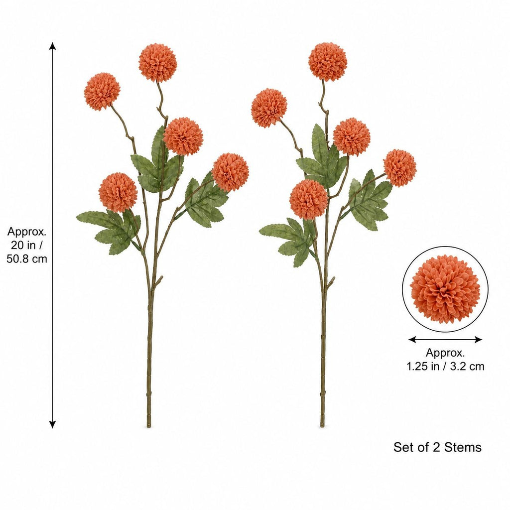 Warm Terracotta Pom Pom Chrysanthemum Stems Set of 2, 20 Inch Artificial Silk Flowers for Fall Floral Arrangements