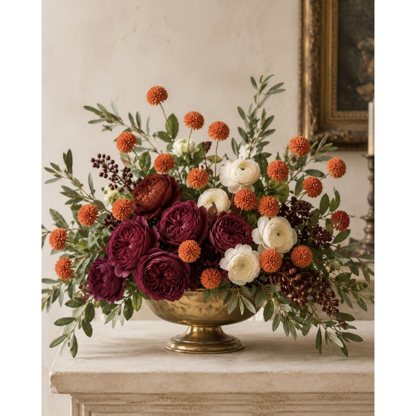 Warm Terracotta Pom Pom Chrysanthemum Stems Set of 2, 20 Inch Artificial Silk Flowers for Fall Floral Arrangements
