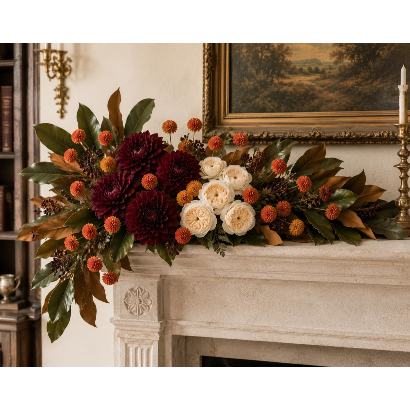 Warm Terracotta Pom Pom Chrysanthemum Stems Set of 2, 20 Inch Artificial Silk Flowers for Fall Floral Arrangements