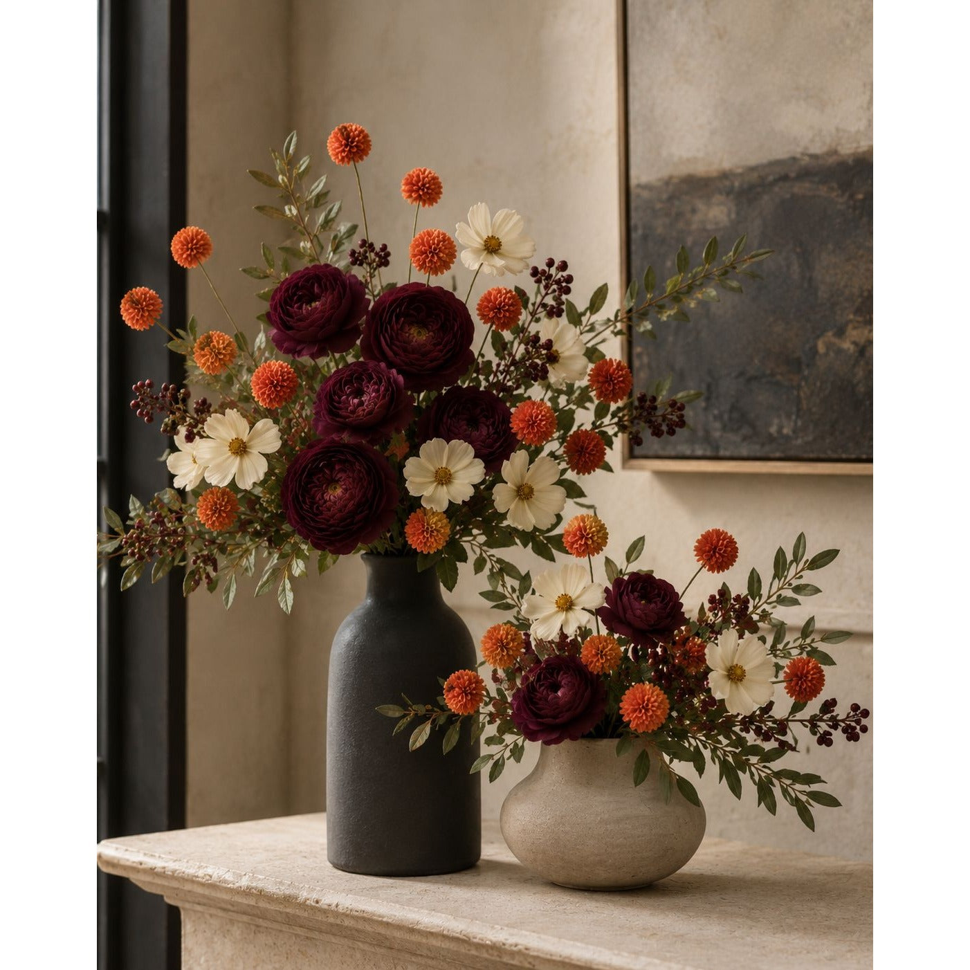 Warm Terracotta Pom Pom Chrysanthemum Stems Set of 2, 20 Inch Artificial Silk Flowers for Fall Floral Arrangements